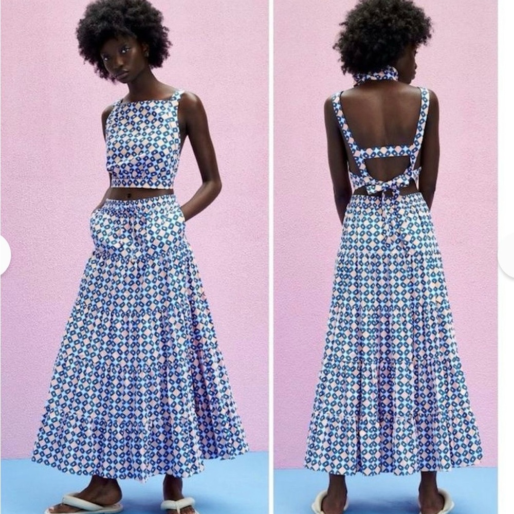 Zara Blue and White Geometric Maxi Skirt Set - Picture 2 of 5